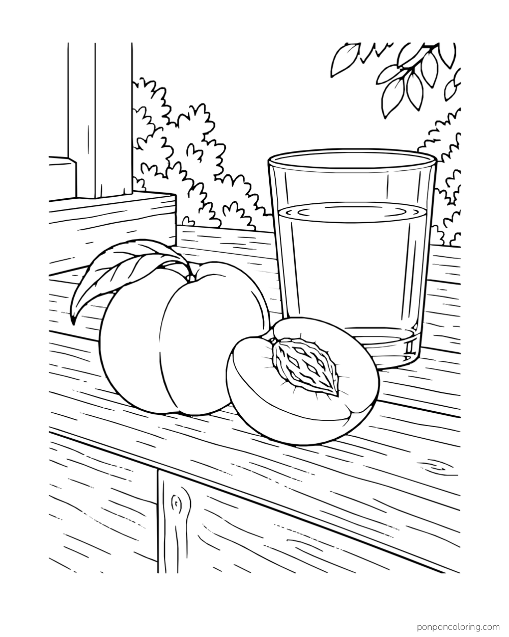 Whole peach and cut half beside a plain glass on a wooden porch step.