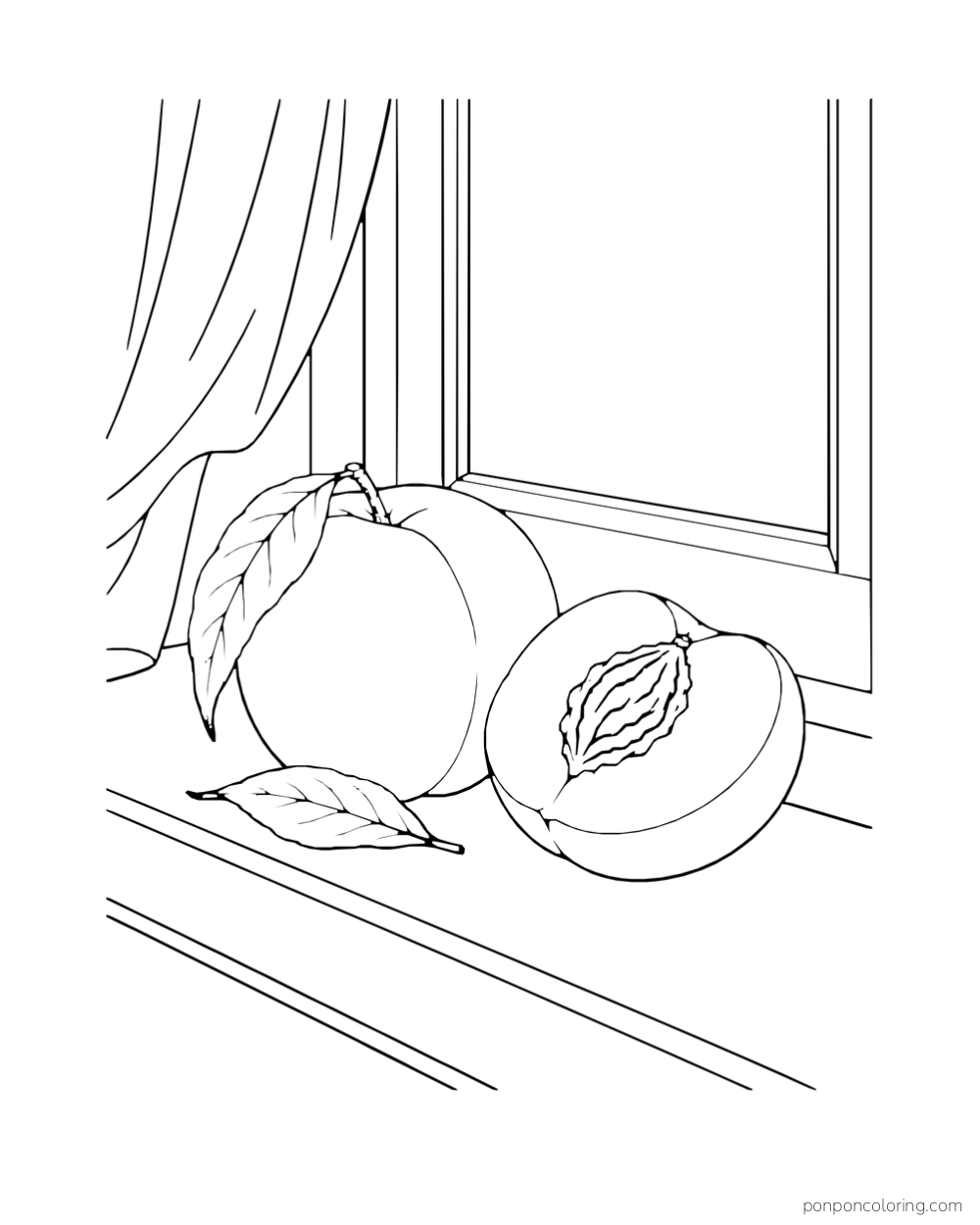 Whole peach and cut half on a wide windowsill beside a curtain.