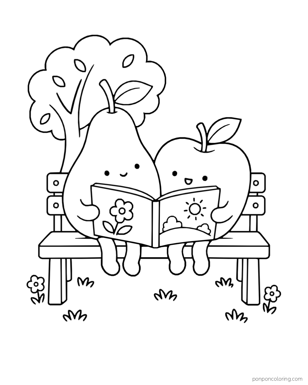 A pear and apple read an open picture book together on a bench beside a tree.