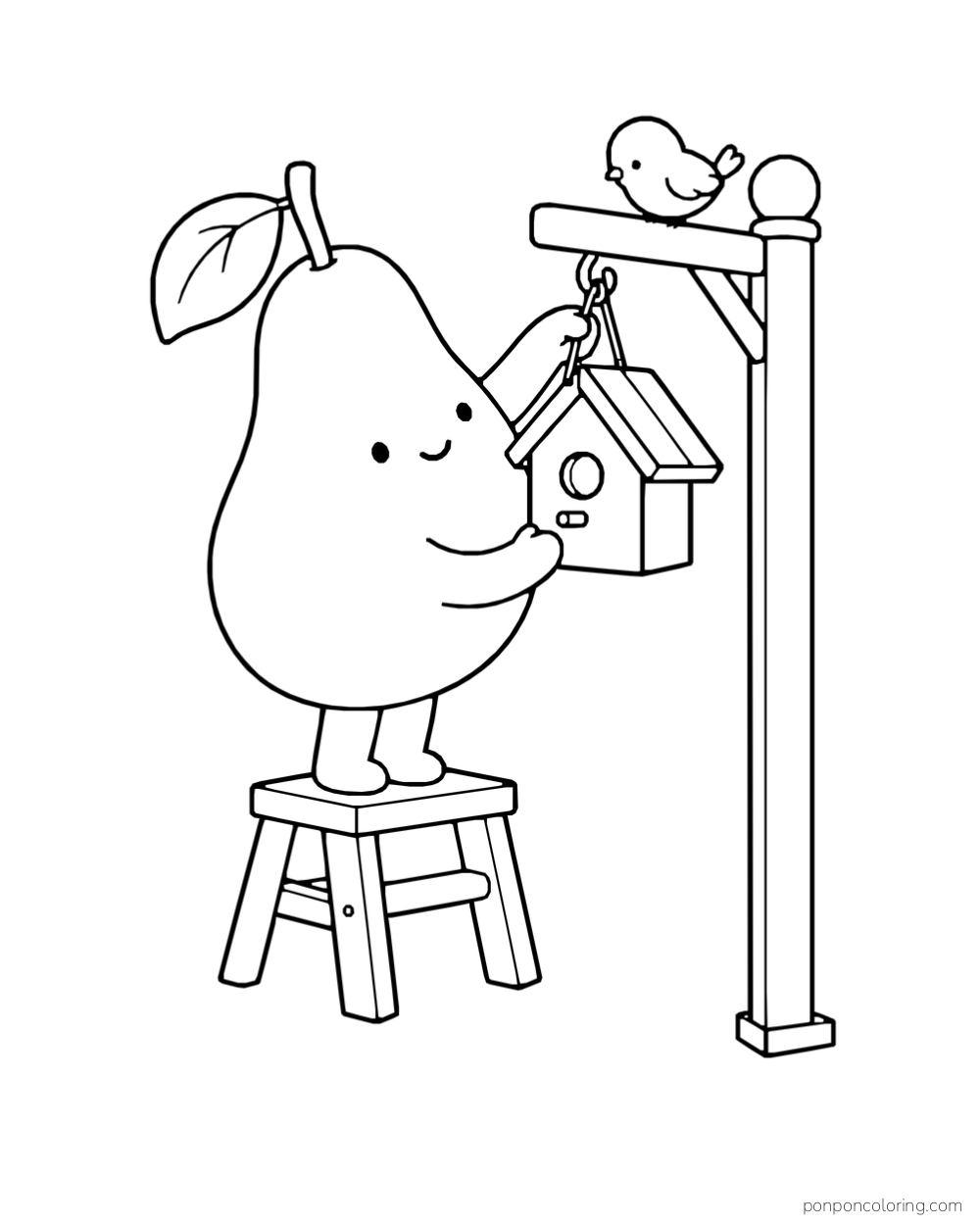 A pear stands on a stool to hang a birdhouse while a bird waits on the post.