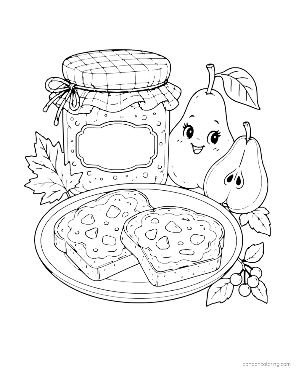 A jar of pear jam with a checked lid stands beside pears and two slices of toast.