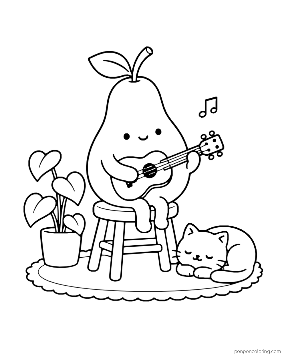A pear plays a small guitar on a stool beside a sleeping cat and a potted plant.