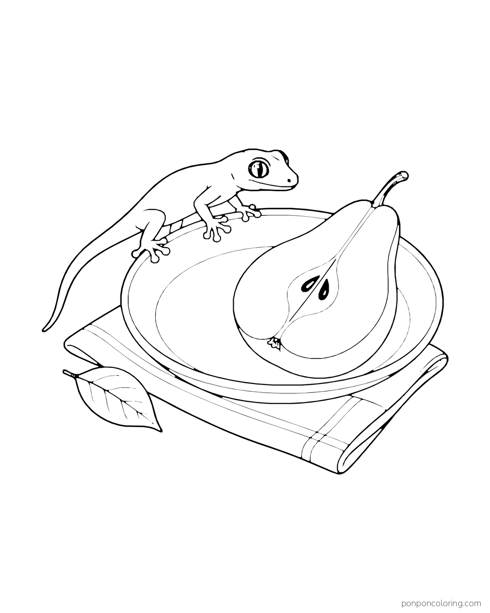A gecko perches at the edge of a round plate holding half a pear above a folded napkin.