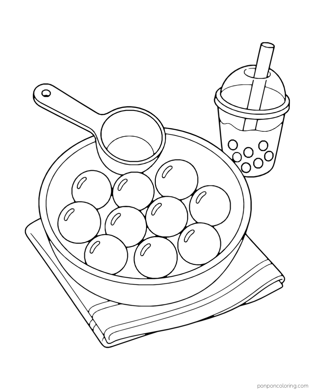 Overhead view of large pearls in a bowl with a scoop, folded cloth, and small boba cup.
