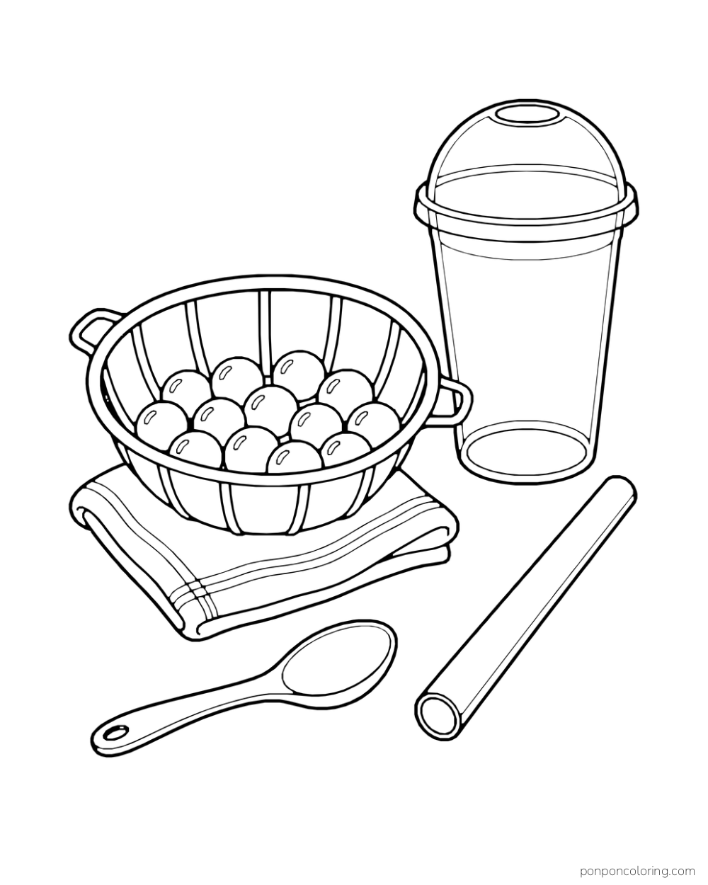 A strainer of round pearls rests on a folded cloth beside an empty cup, spoon, and wide straw.