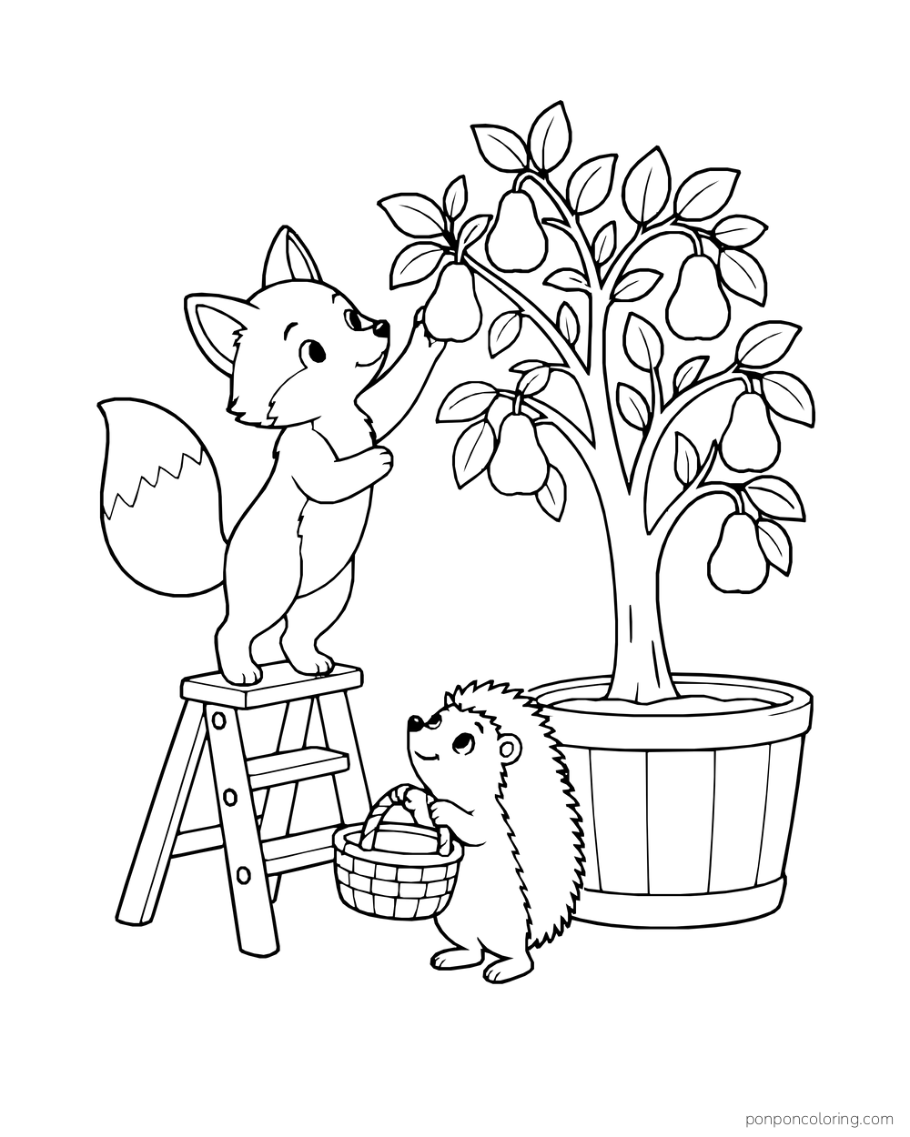A fox on a step stool picks pears while a hedgehog holds a basket below.