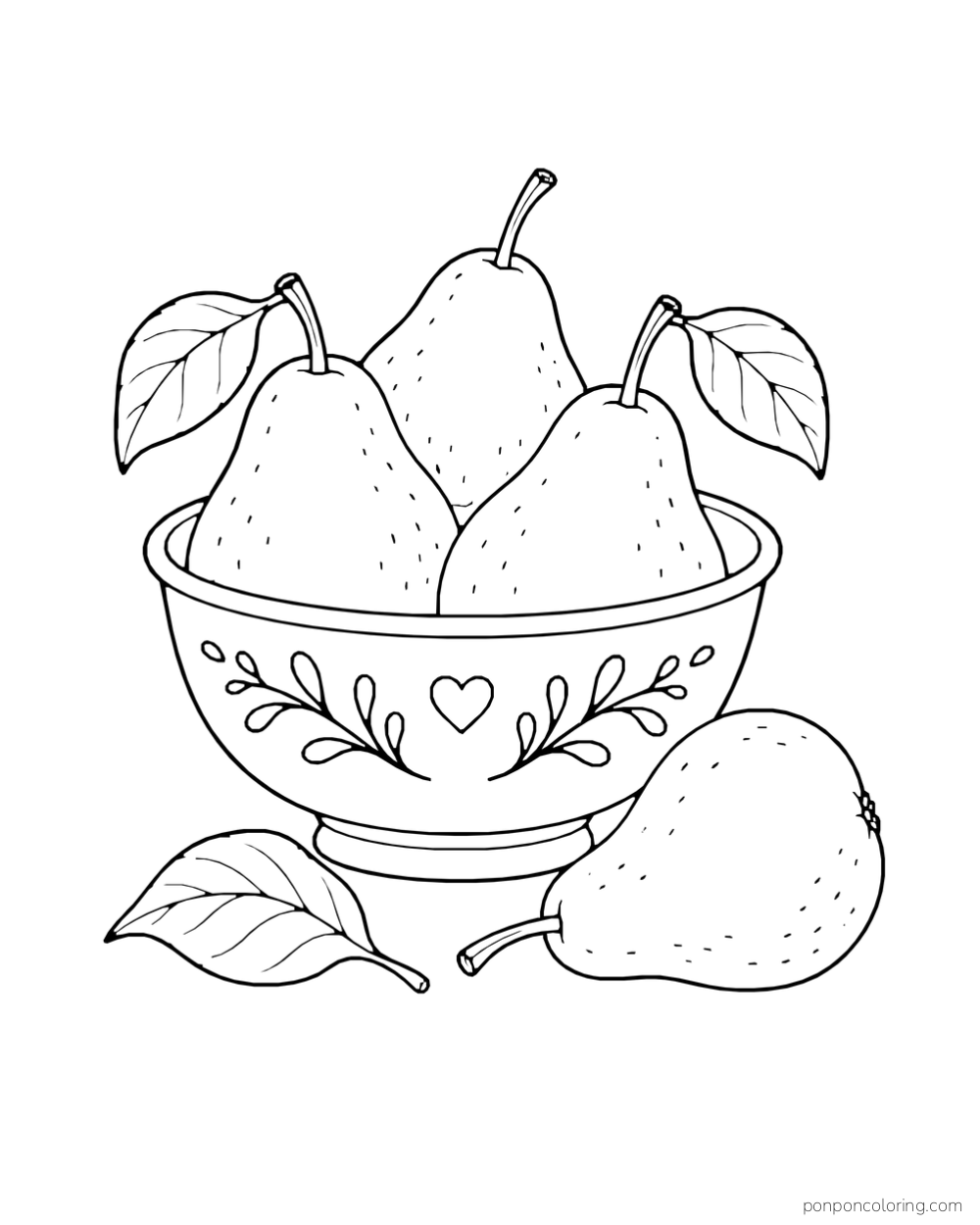 Three pears fill a patterned bowl with another pear and a leaf beside it.