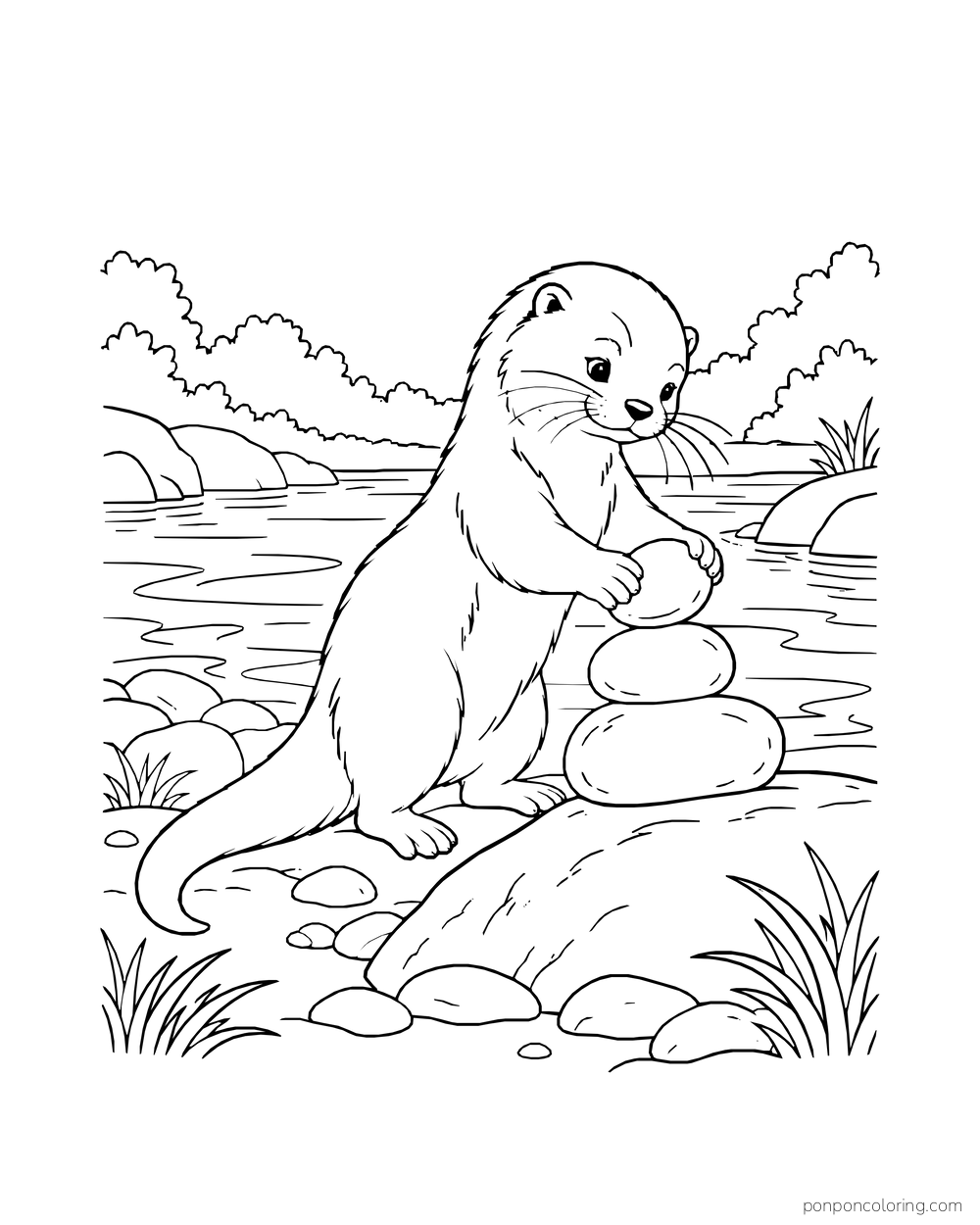 Otter stacking three smooth stones into a short tower on a river rock.