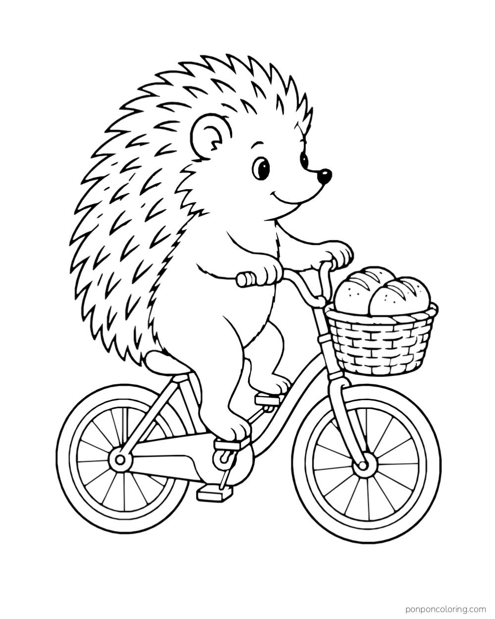A hedgehog rides a bicycle with a basket of round loaves over the front wheel.