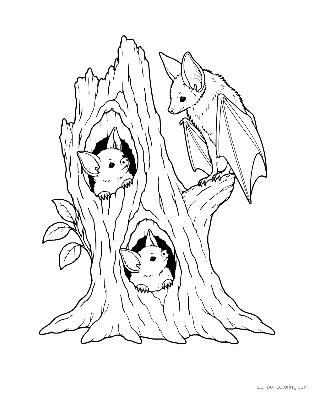 Two bat pups peek from openings in a hollow stump while an adult bat perches beside them.