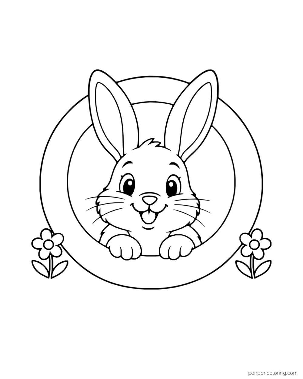 A rabbit peeks over a complete round burrow rim with a flower on each side.