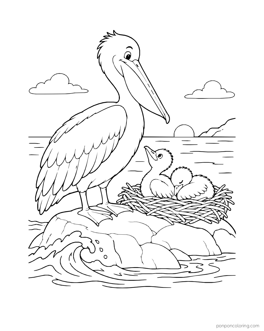 A pelican stands on a coastal rock beside two chicks tucked into a nest.