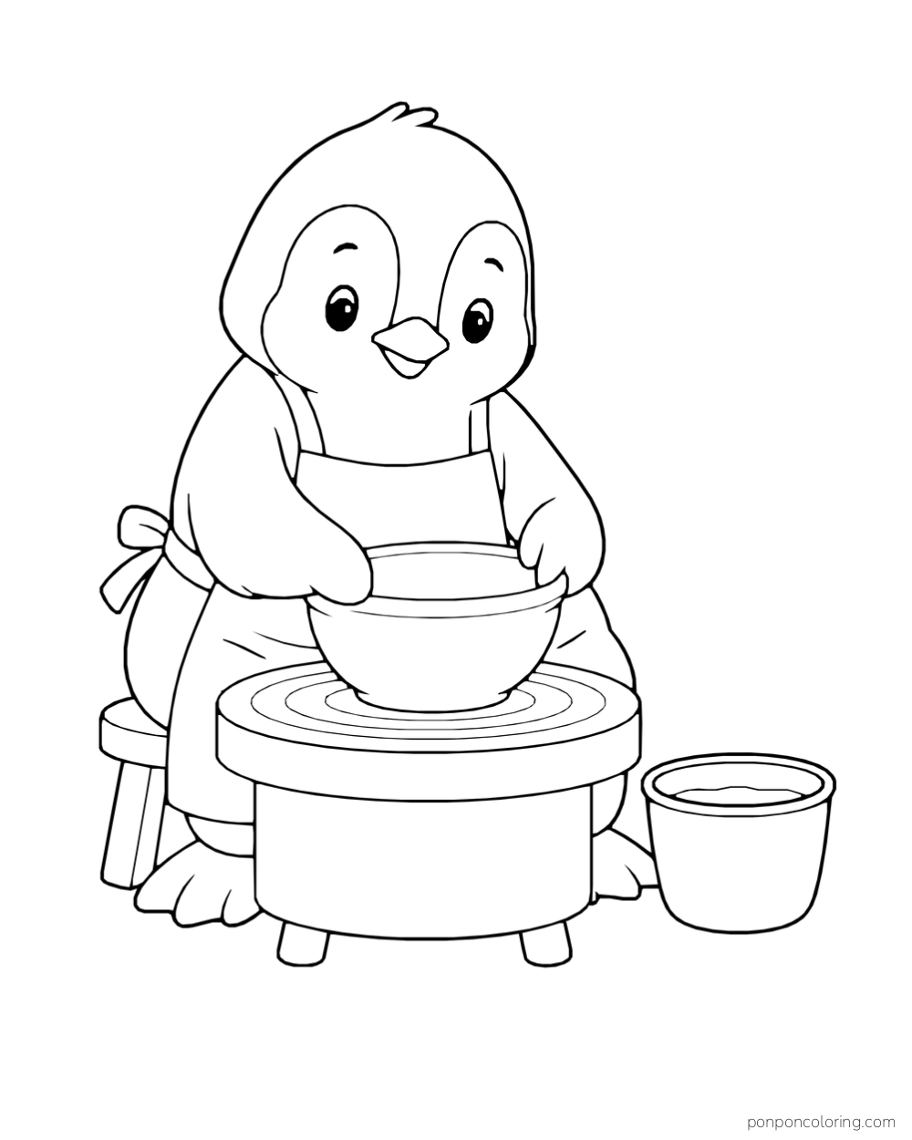 A penguin shapes a bowl on a small pottery wheel beside a water pail.