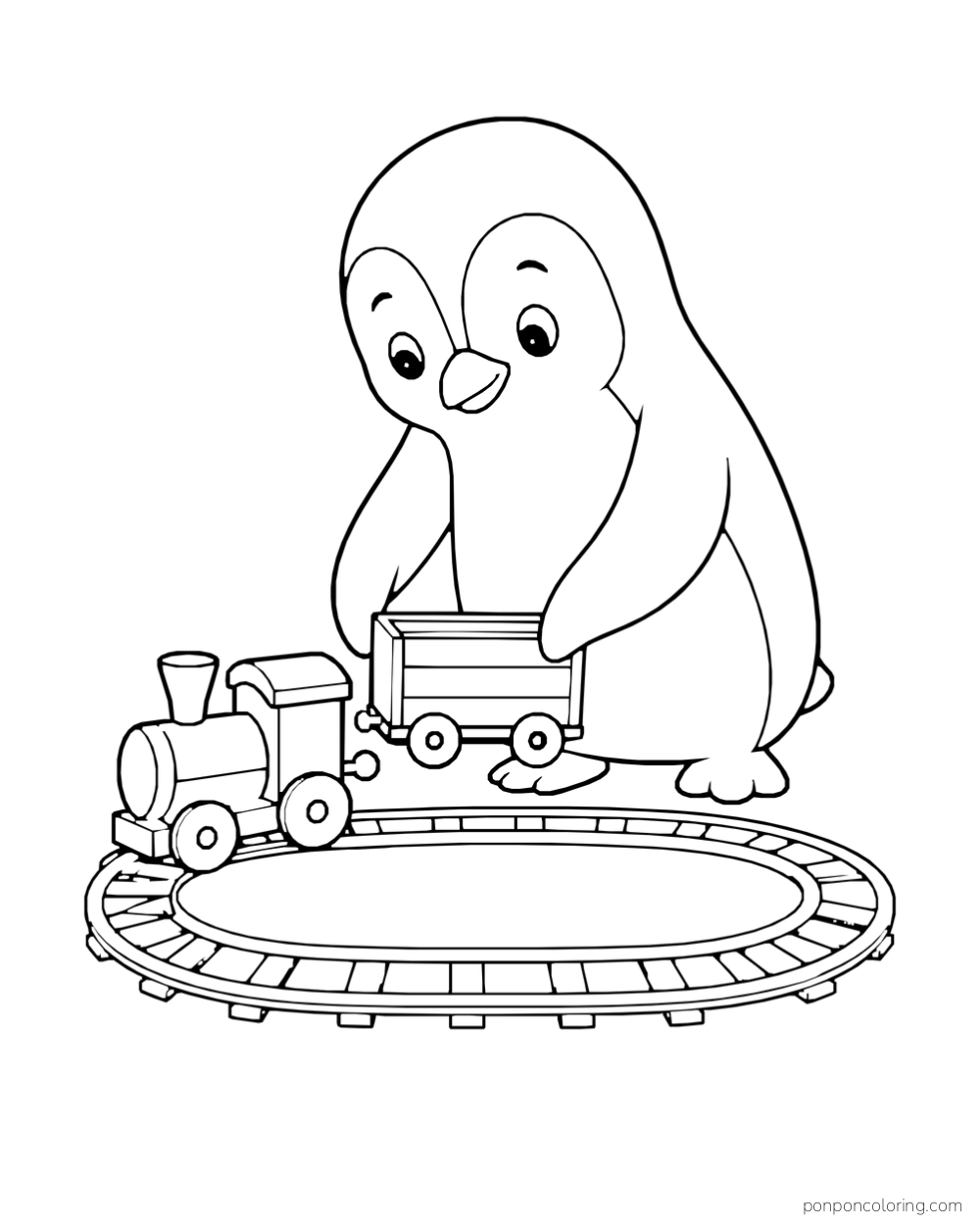 A penguin places a carriage on an oval toy railway beside an engine.