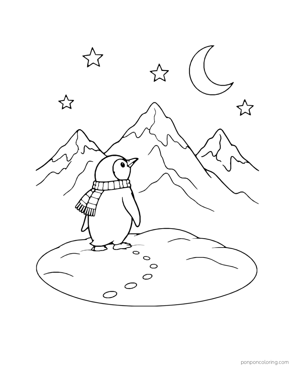 A scarf-wearing penguin stands beneath a crescent moon and stars with mountains behind it.
