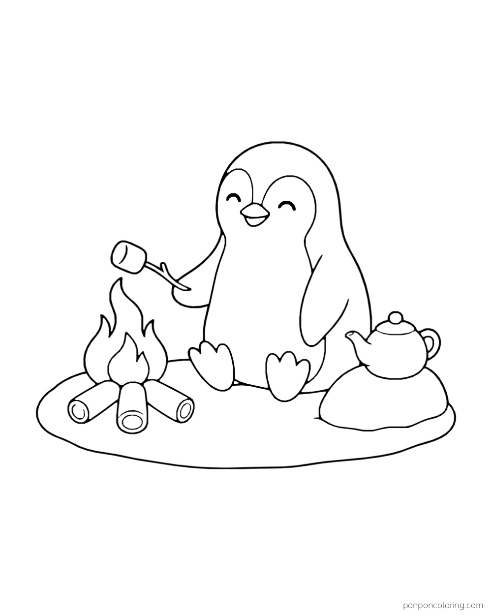 A penguin holds a marshmallow on a short twig beside a small campfire and a teapot on a rock.