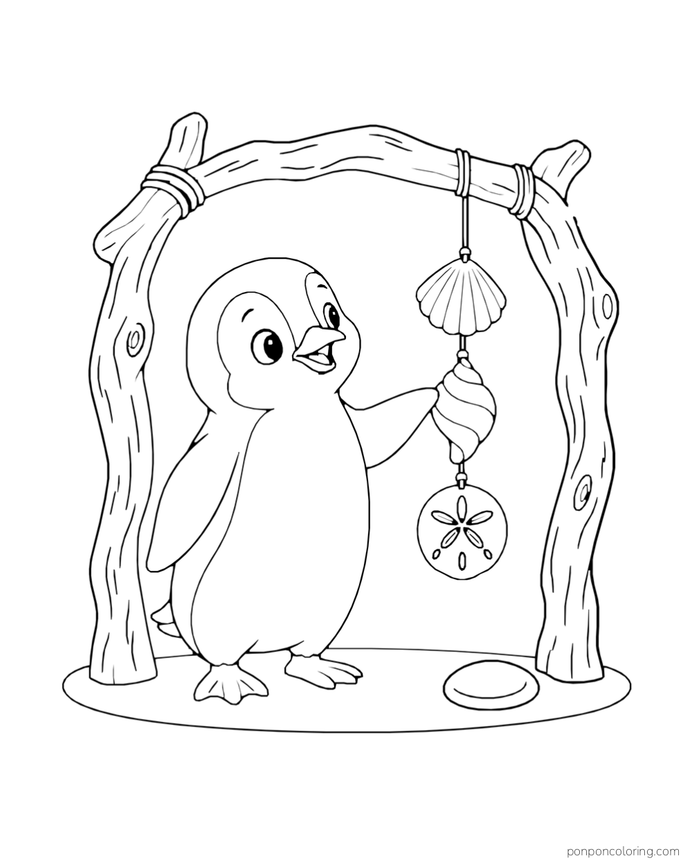 A penguin reaches toward a shell chime hanging from a complete driftwood arch.