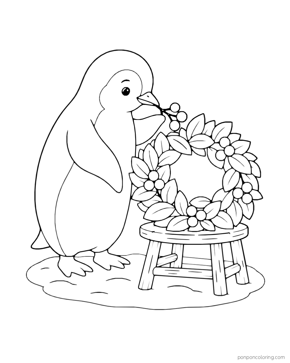 A penguin reaches toward a leafy wreath with round berries resting on a stool.