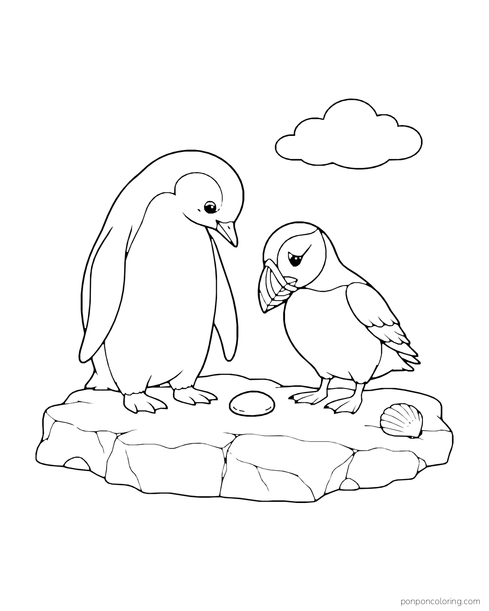 A penguin and a puffin stand on the same rocky ledge beside a pebble and shell.