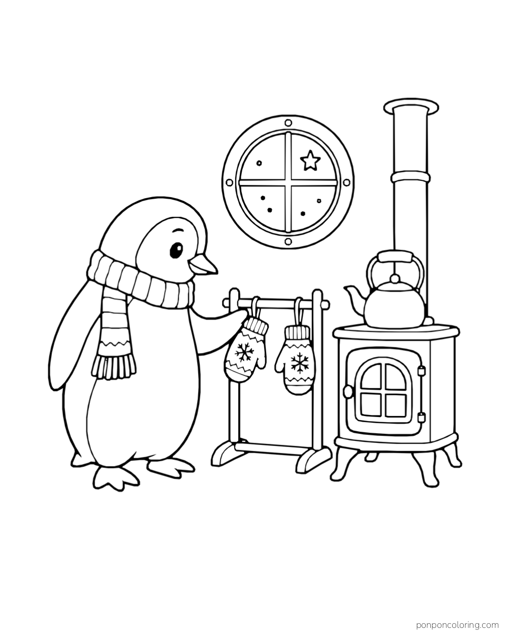 A scarf-wearing penguin stands beside two hanging mittens and a small stove topped with a kettle.