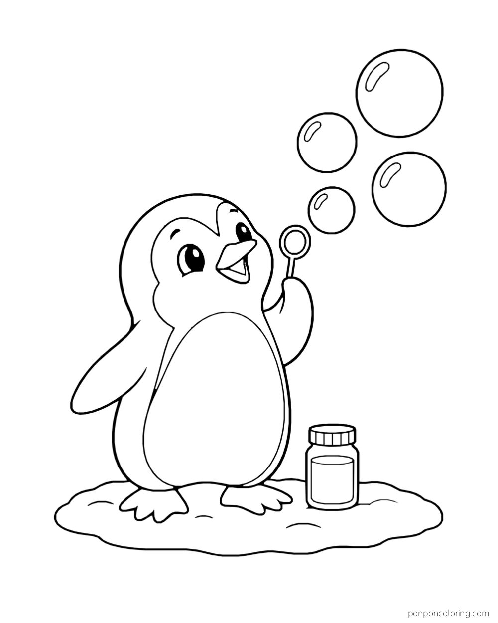 A penguin holds a bubble wand beside a small jar while four round bubbles rise above it.