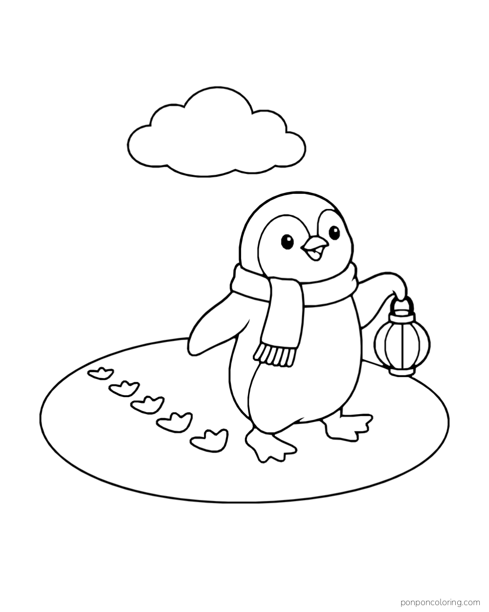 A scarf-wearing penguin carries a lantern across snow beside a trail of webbed footprints.