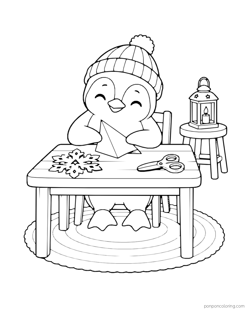 A penguin in a knit hat folds paper at a table with scissors and a cut snowflake nearby.