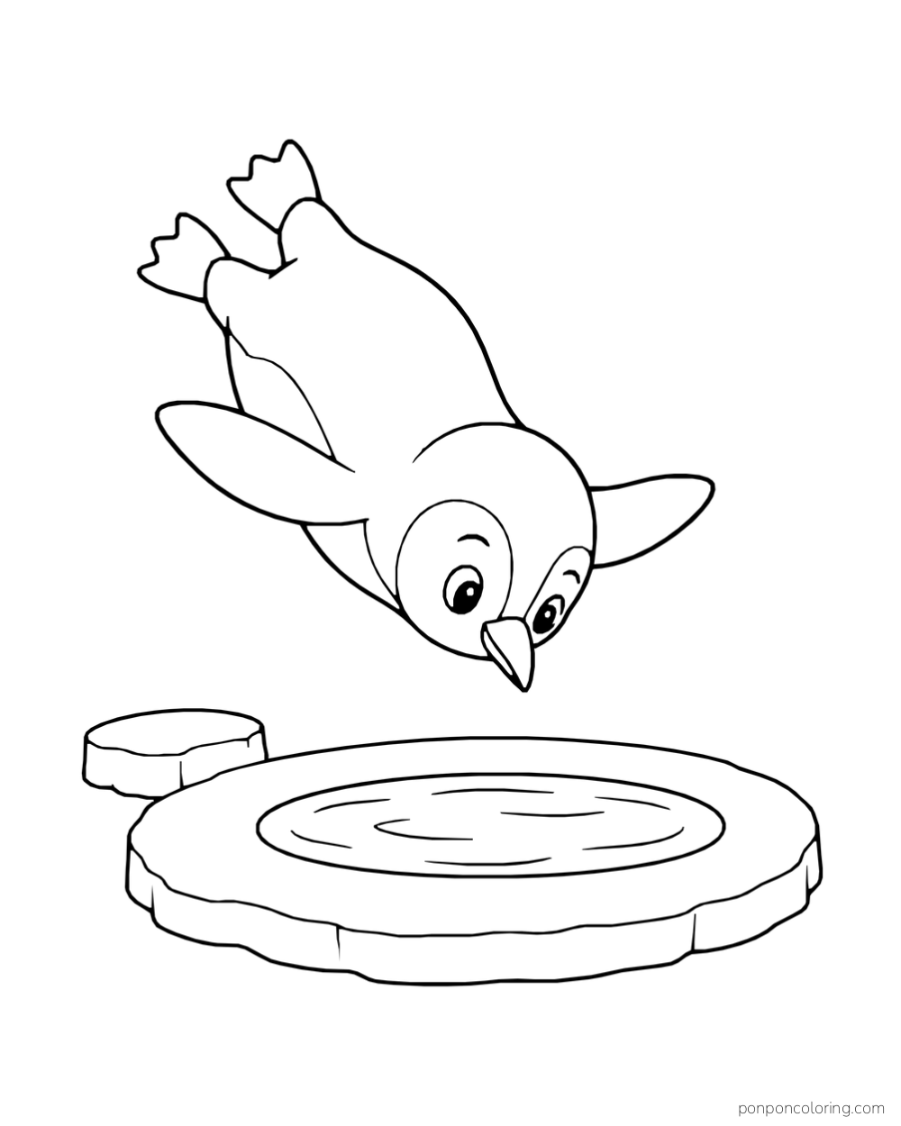 A penguin dives headfirst toward a round pool in the ice.
