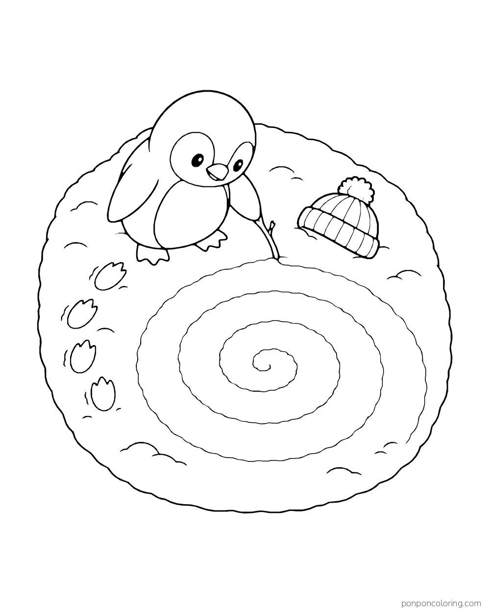 A penguin uses a stick to draw one large spiral in the snow beside footprints and a knitted hat.