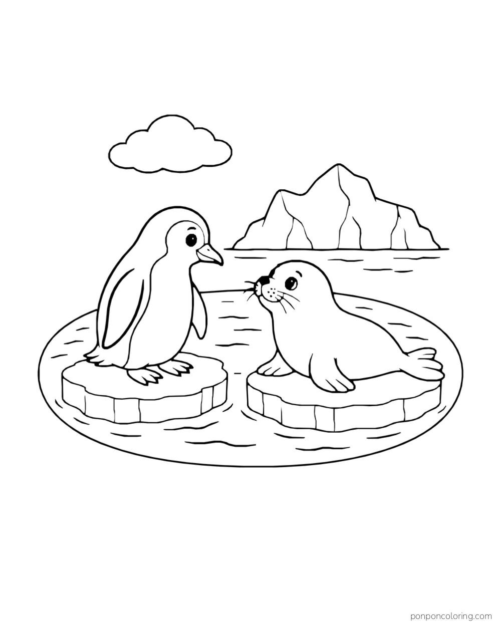 A penguin and a seal face each other from separate ice floes with an iceberg behind them.