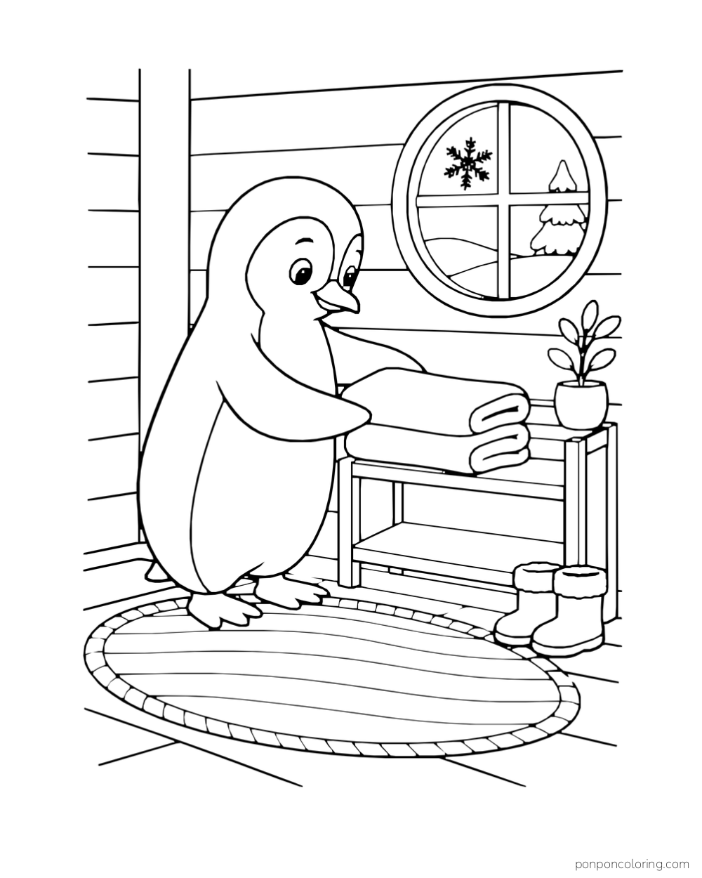 A penguin folds blankets on a small bench beside a snowy round window and a pair of boots.