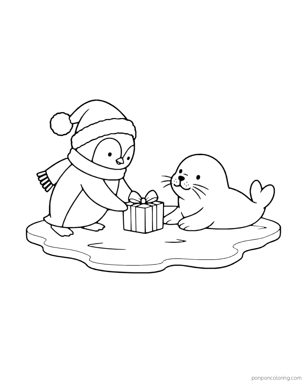 A penguin in a Santa hat gives a wrapped present to a seal on a small ice floe.