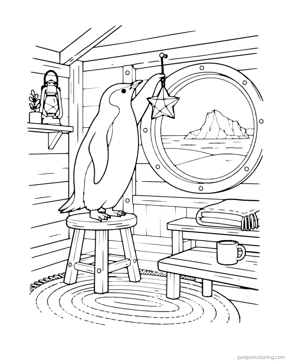 A penguin stands on a stool to hang a star-shaped lantern beside a round window in a wooden hut.