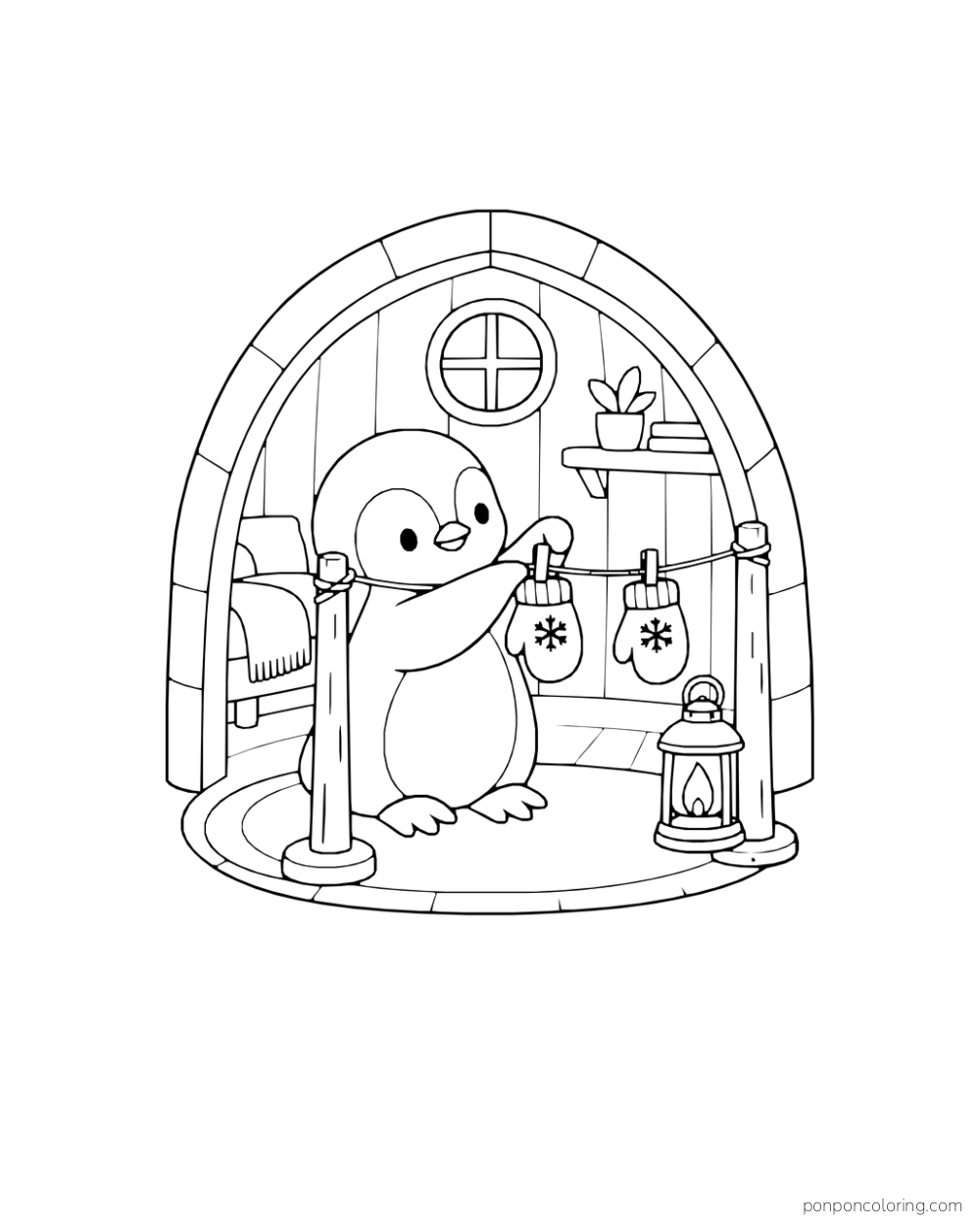 A penguin hangs two patterned mittens on a line inside an arched hut.