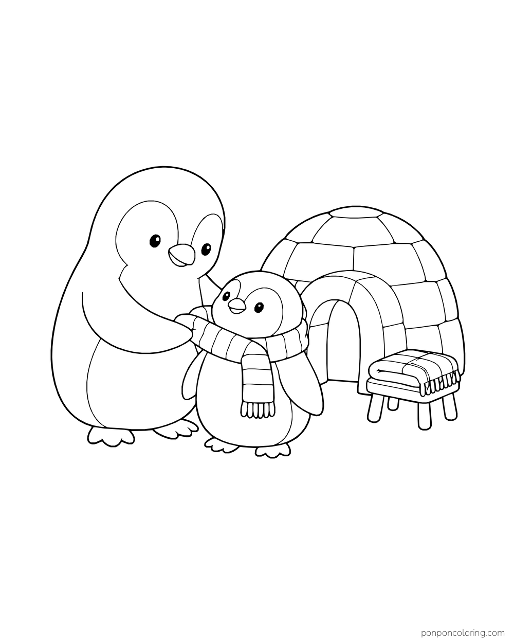 An adult penguin wrapping a striped scarf around a small penguin beside a snow hut and a folded blanket on a stool.