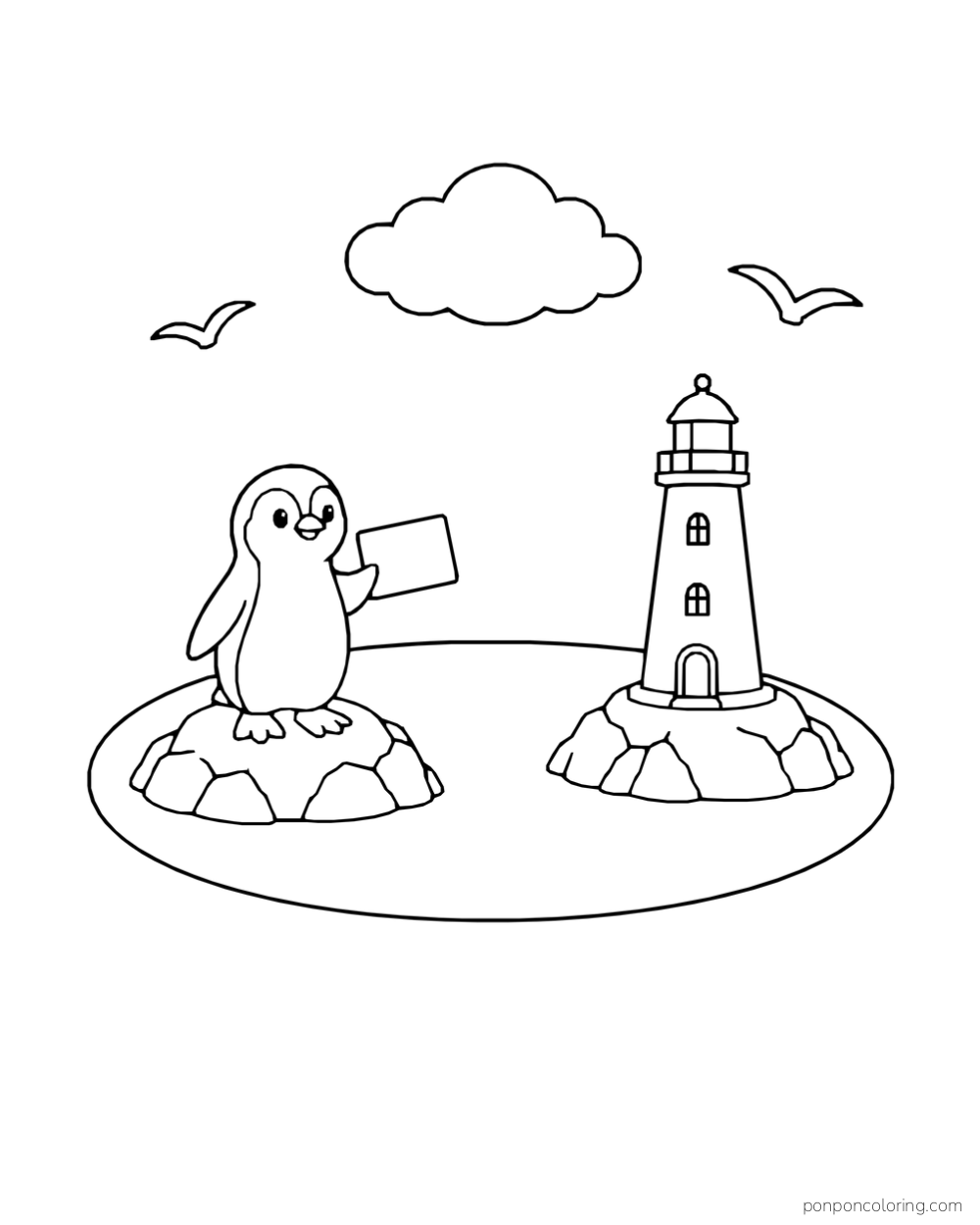 A penguin stands on a rock holding a rectangular card opposite a lighthouse on another rock.