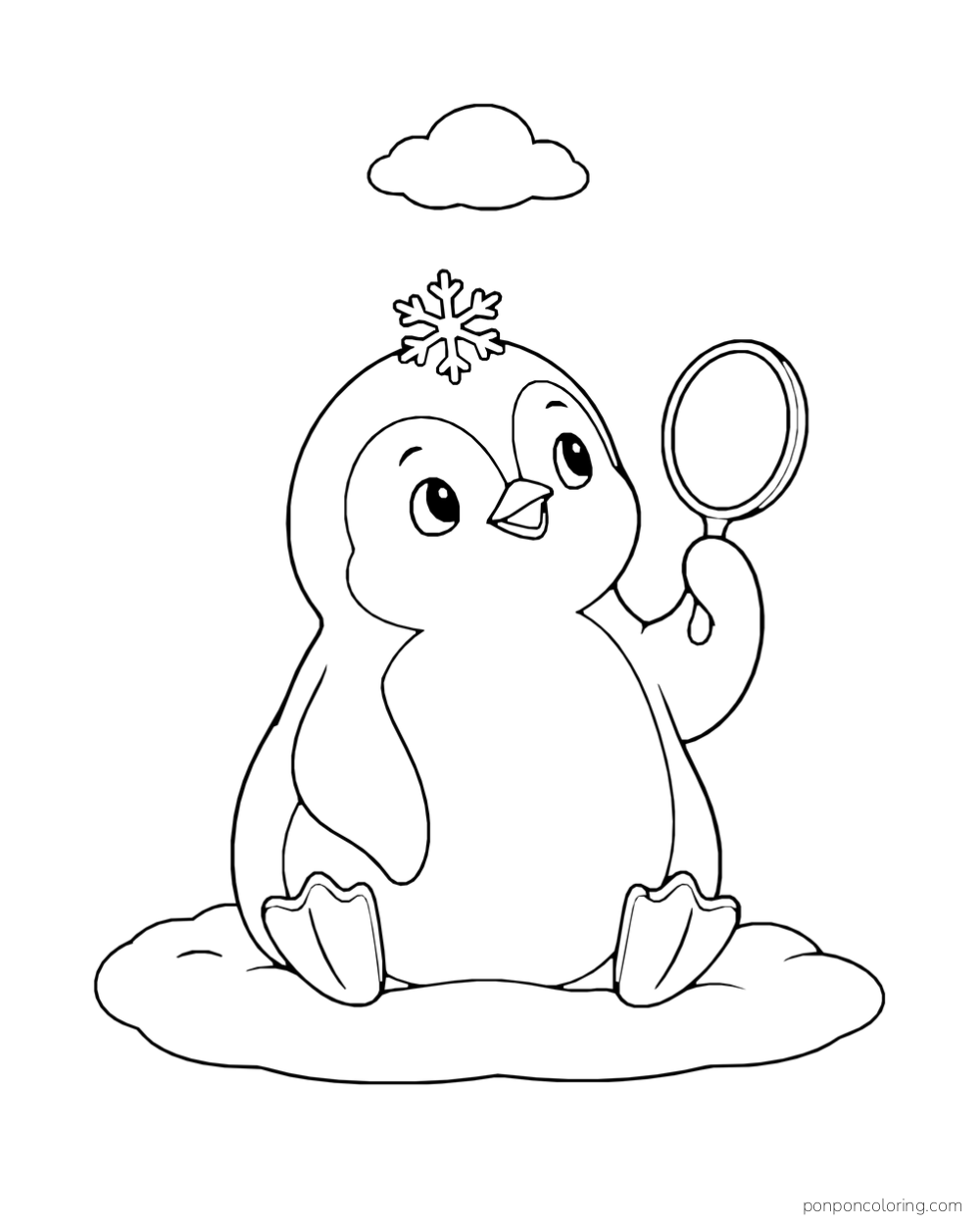 A seated penguin holds a round hand mirror while a snowflake rests on its head.