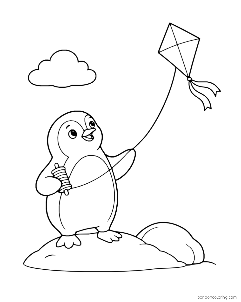 A penguin holds a spool while a diamond-shaped kite flies above a snowy mound.