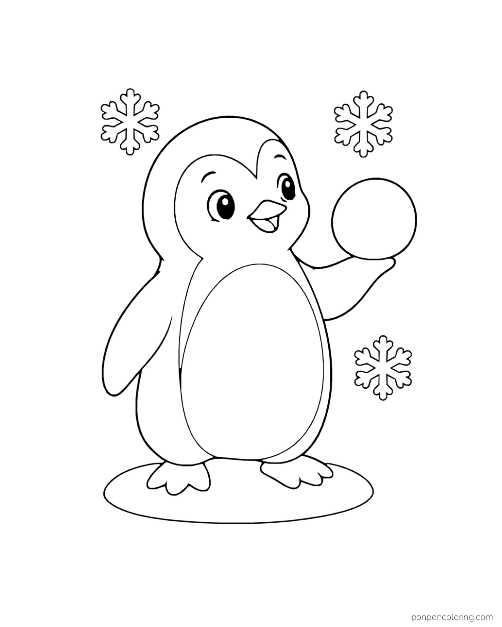A penguin balances a round snowball on one flipper while snowflakes drift nearby.