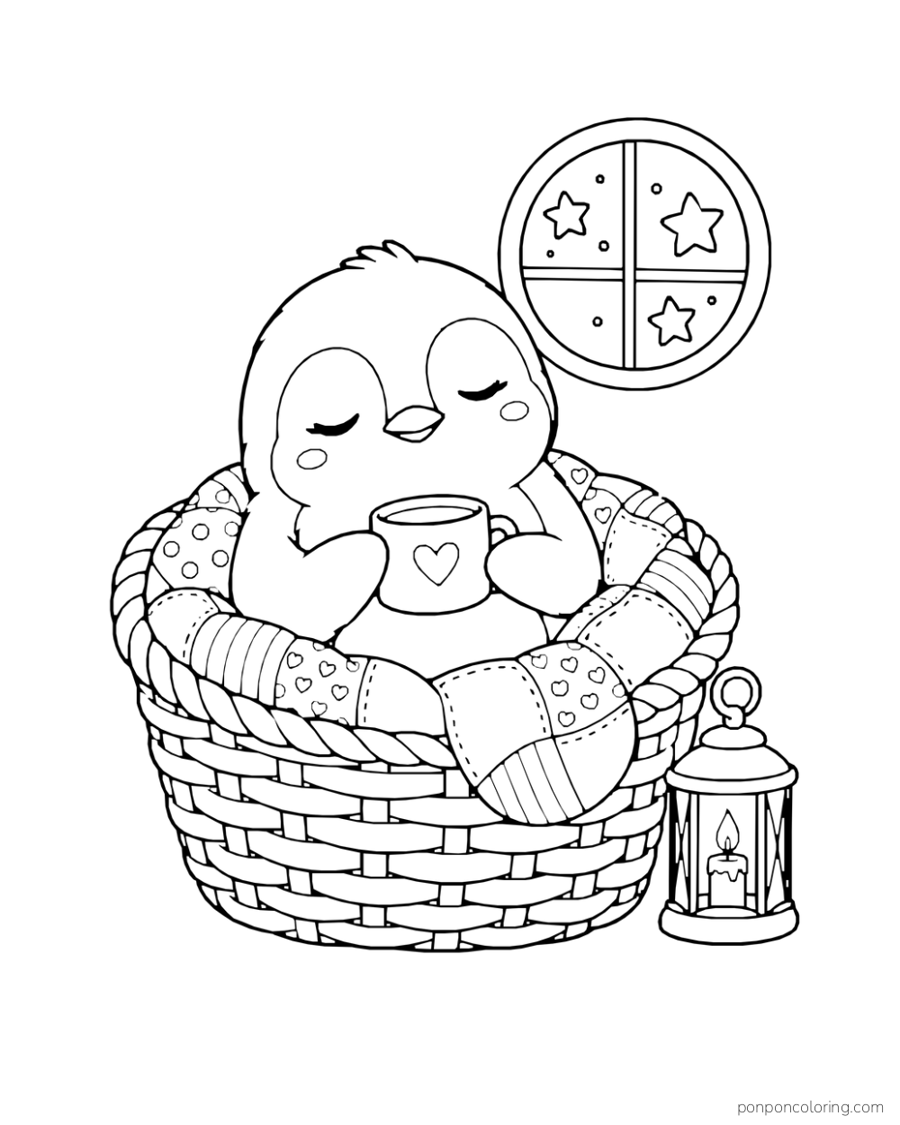 A penguin sits in a quilt-lined basket holding a heart-decorated mug beside a lantern.