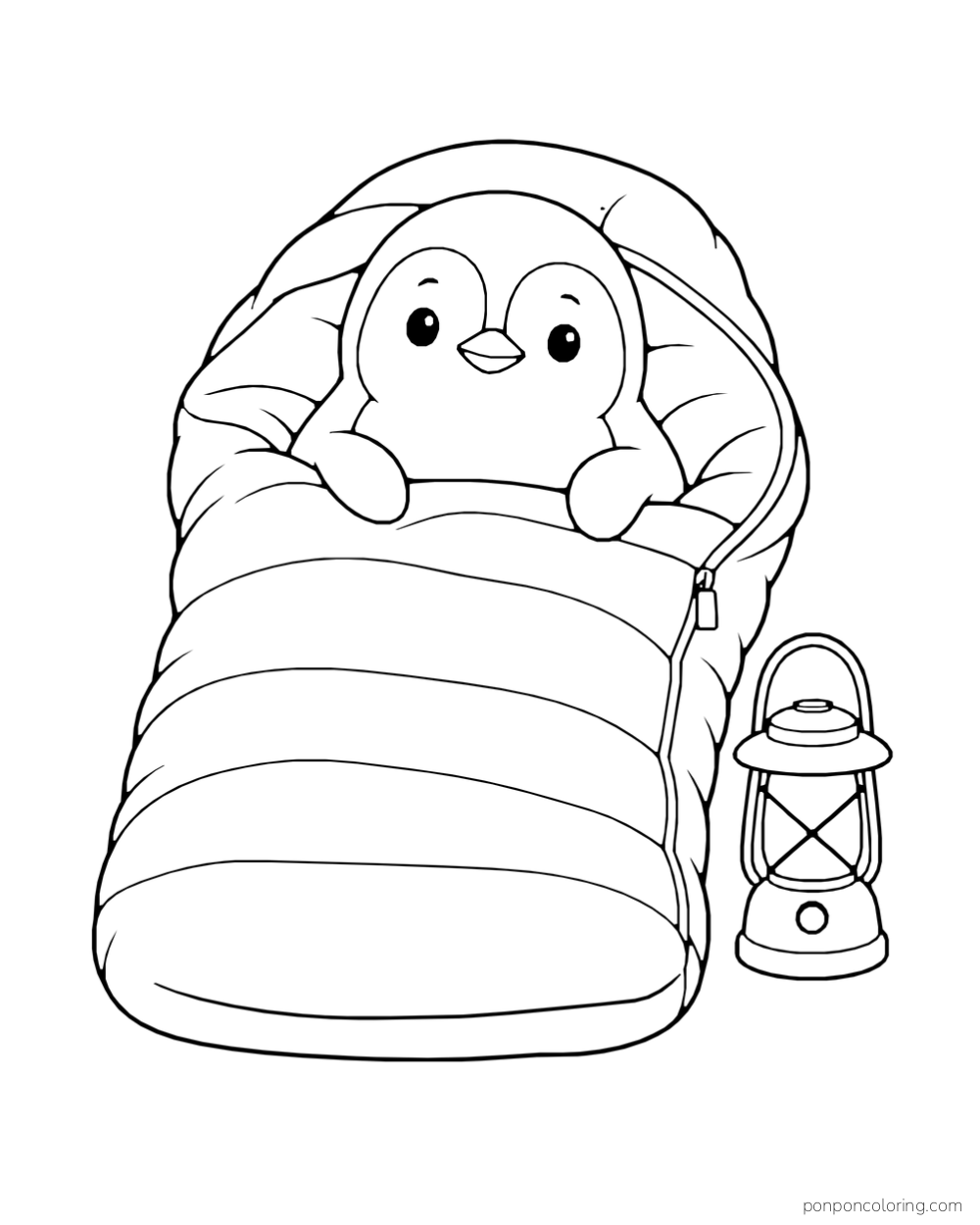 A penguin peeks from a quilted sleeping bag beside a lantern.