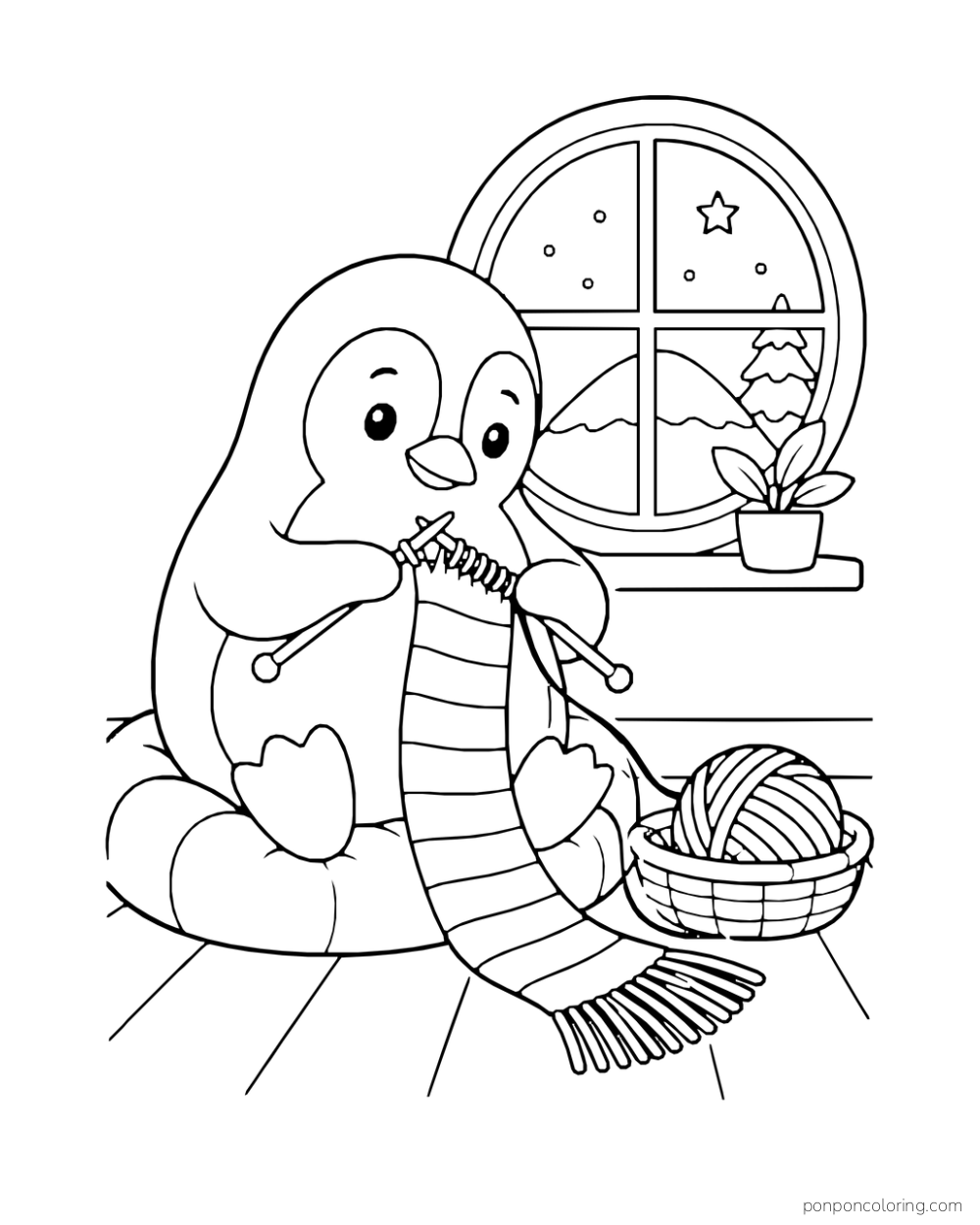 A penguin knits a long striped scarf beside a yarn basket and a round window.