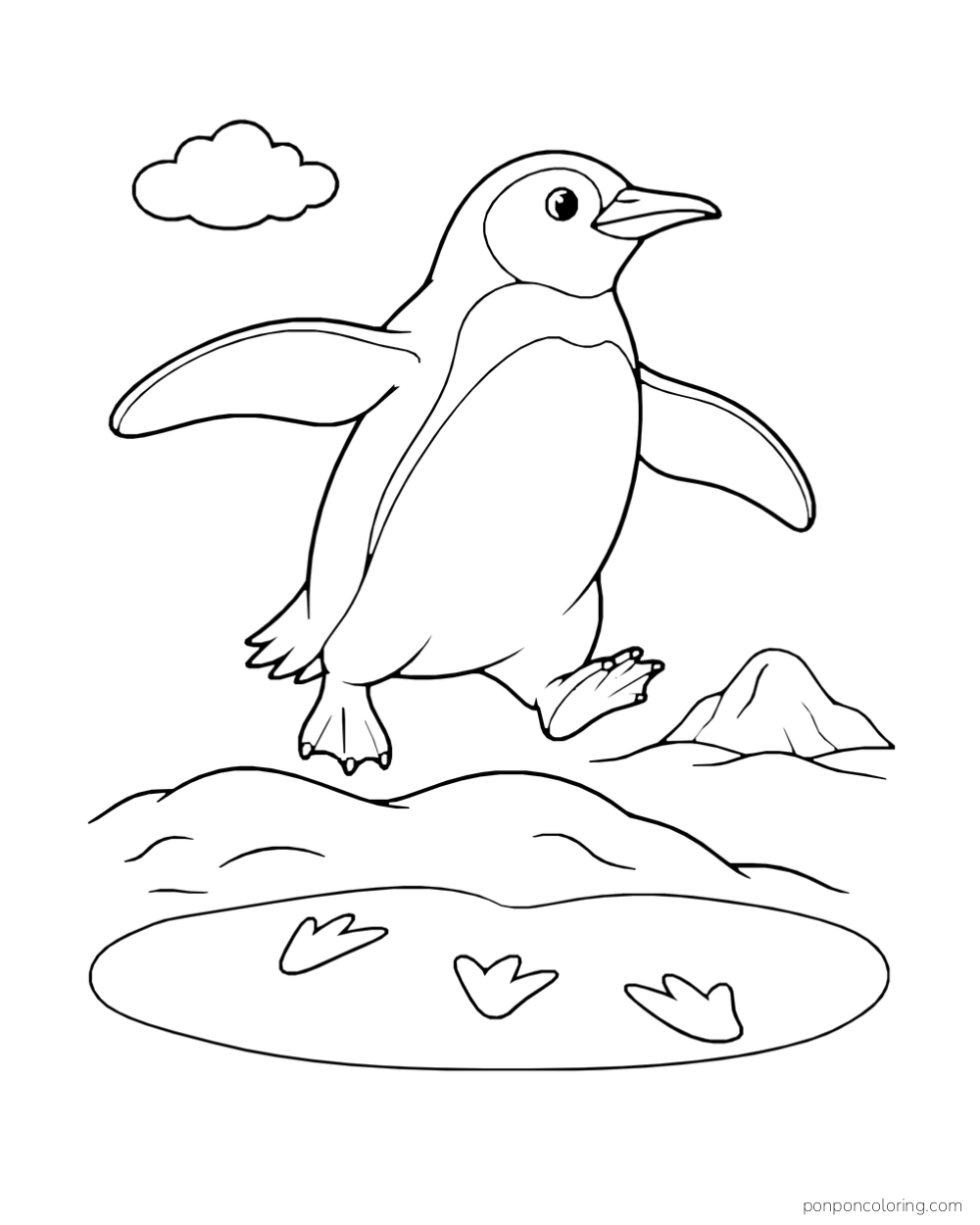 A penguin leaps over a snowdrift above a trail of webbed footprints.