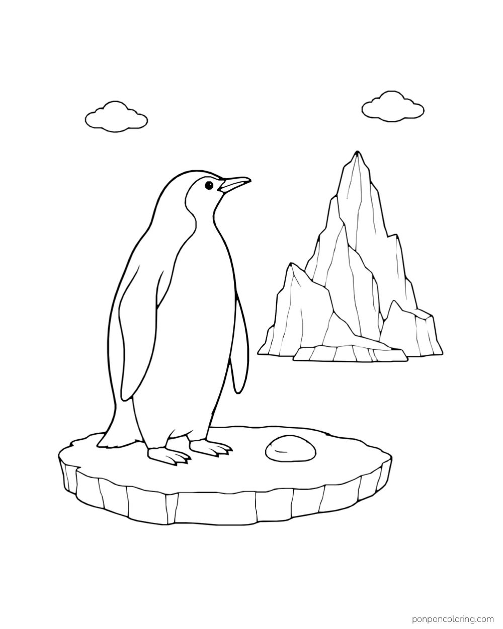 A penguin stands on a small ice floe and looks toward a tall distant iceberg beneath two clouds.