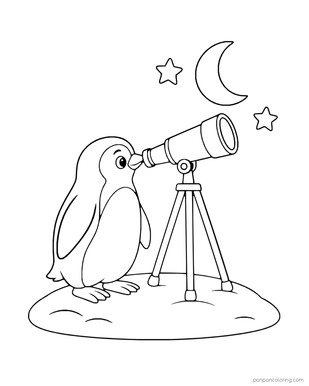 A penguin looks through a telescope on a tripod beneath a crescent moon and stars.