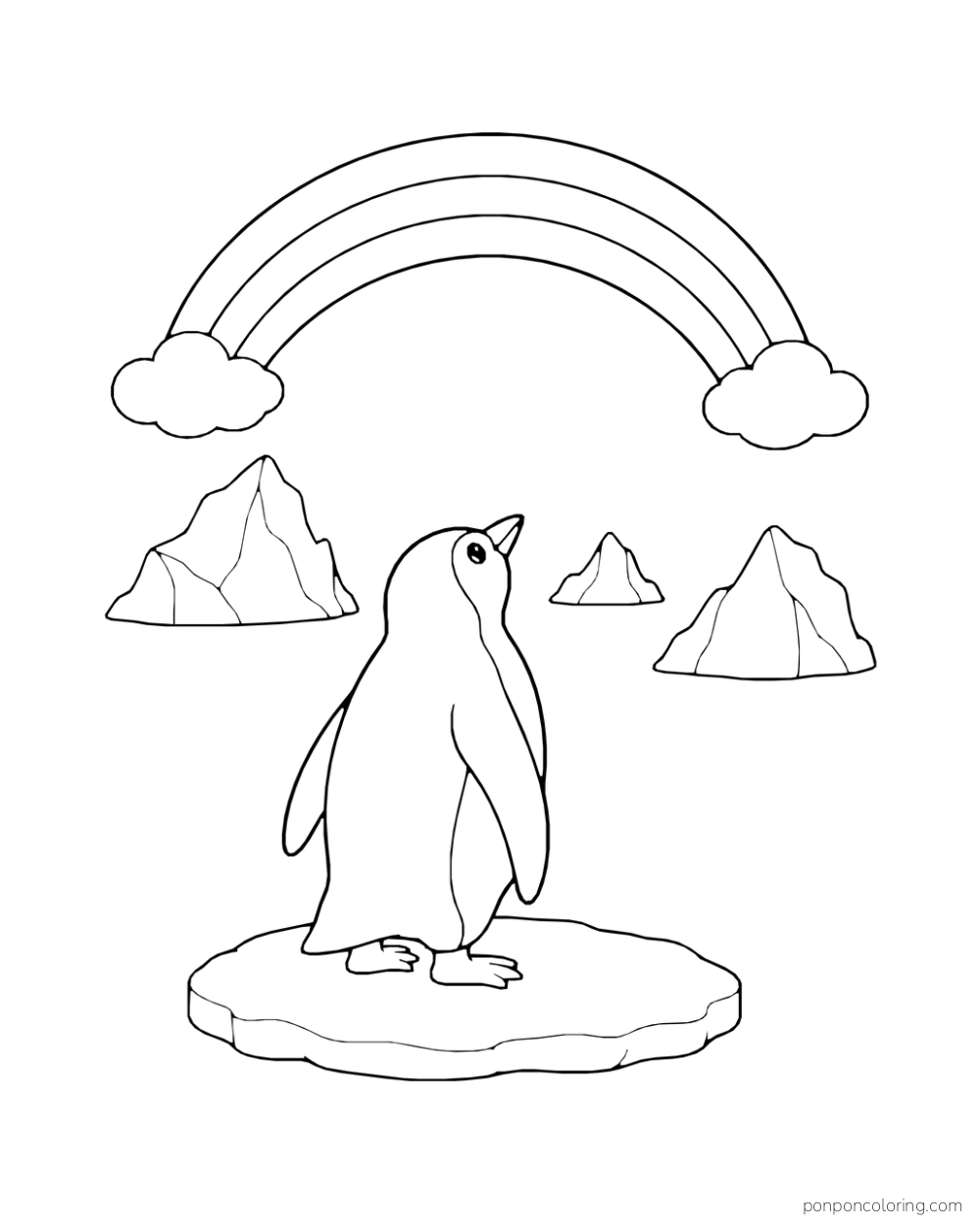 A penguin stands on an ice floe beneath a rainbow with icebergs behind it.