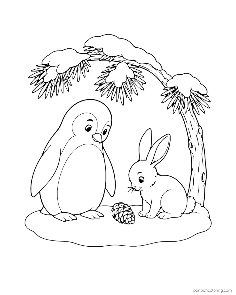 A penguin and a rabbit face each other beside a pinecone under snow-covered branches.