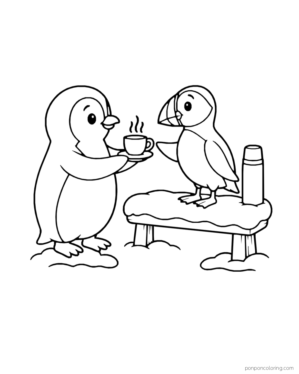Penguin offers a steaming teacup to a puffin on a low snowy bench with a thermos.