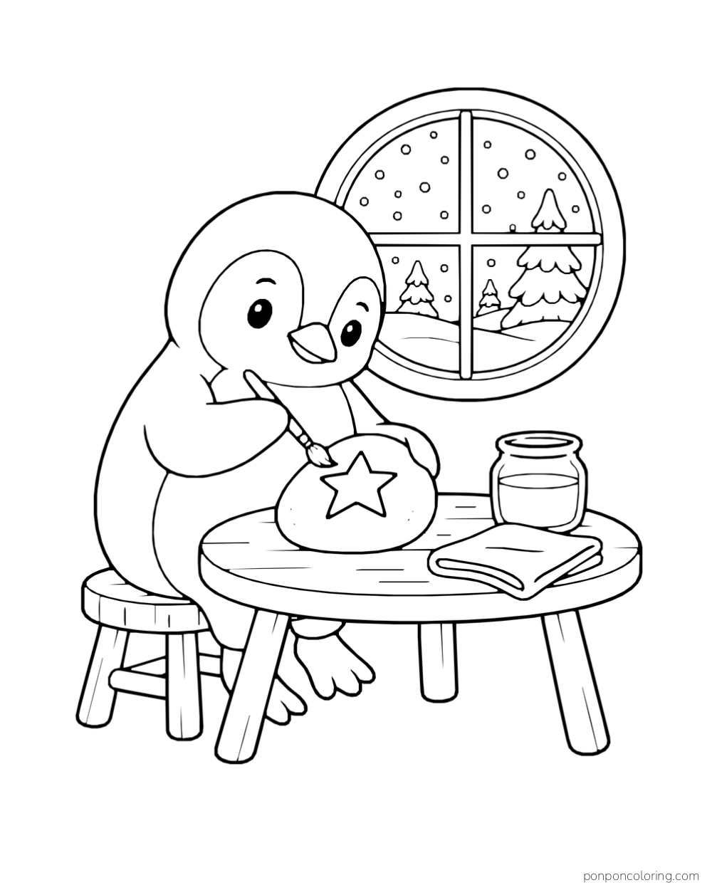A penguin paints a star on a round stone at a table beside a jar and open book.