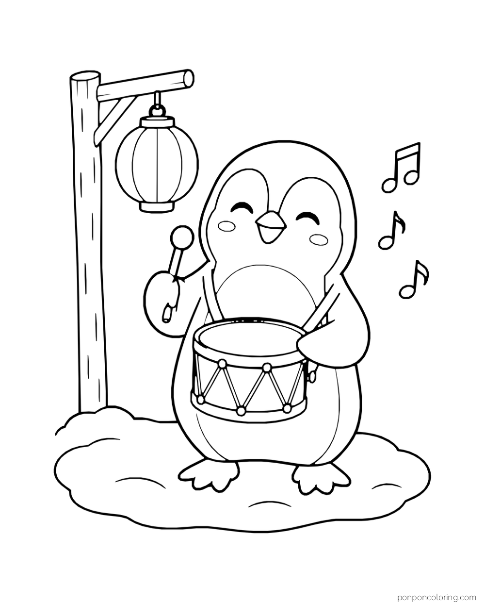 A penguin plays a small drum with two sticks beneath a hanging lantern.